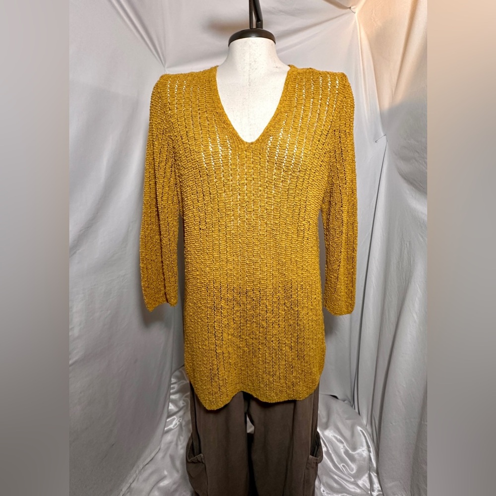 J Jill Mustard Gold Open neck V neck Tunic Sweater Medium Boho Fall Layer